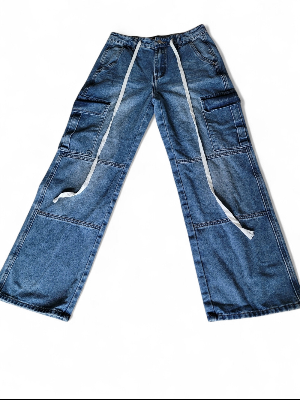 Y2K Baggy Cargo Jeans Wide Leg Utility Drawstring Denim XS 29x29 Women's Blue